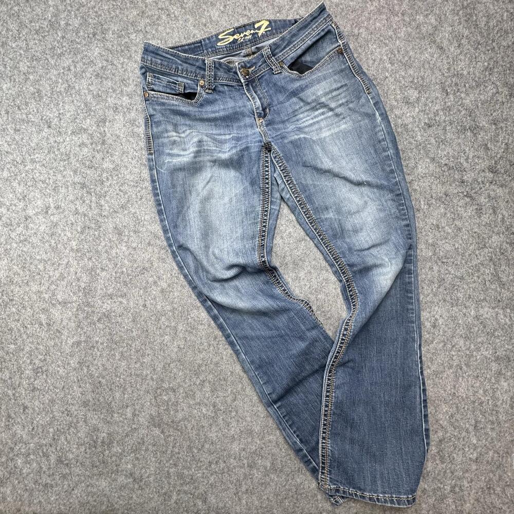 Seven7 Jeans Womens 10 Medium Wash Blue Bootcut Embroidered Distressed Pockets